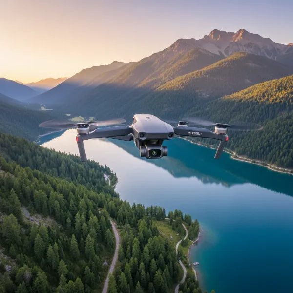 Autel EVO Nano+ drone flying above a scenic landscape, capturing high-resolution photos and videos.