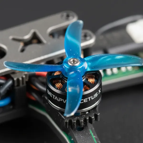 A detailed close-up shot of the BetaFPV Cetus X drone's brushless motor and propeller, highlighting its engineering.