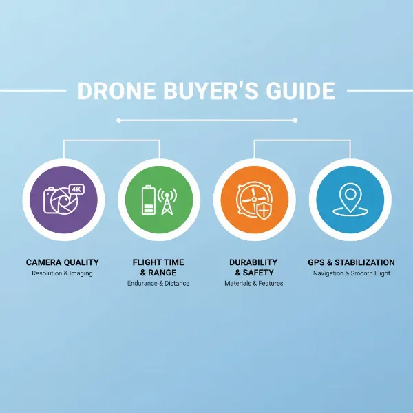 Infographic highlighting key features to consider when buying a drone: camera, flight time, durability, GPS.