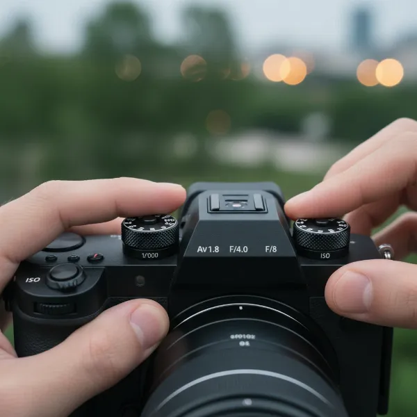 A person adjusting camera settings on a mirrorless camera for cinematic video, showing aperture, shutter speed, and ISO dials.