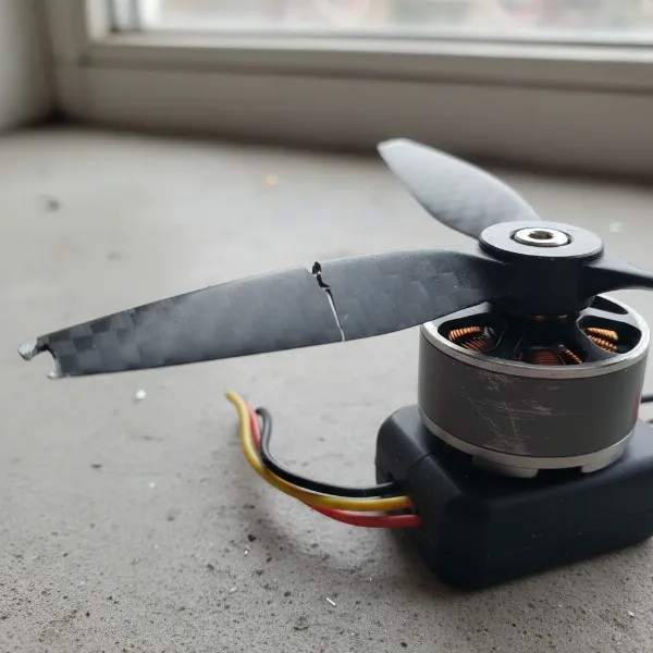 Close-up of a damaged drone propeller and a motor with minor wear, illustrating mechanical issues causing drift.