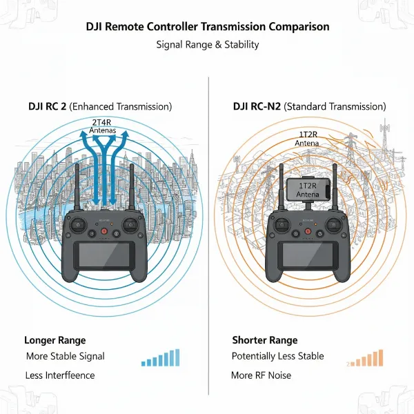 Comparative illustration of DJI RC 2 and RC-N2 drone controller transmission range and antenna differences.