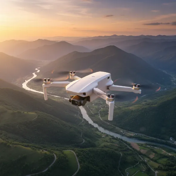 DJI Mini 4 Pro drone in flight over a scenic landscape at sunset, capturing cinematic video