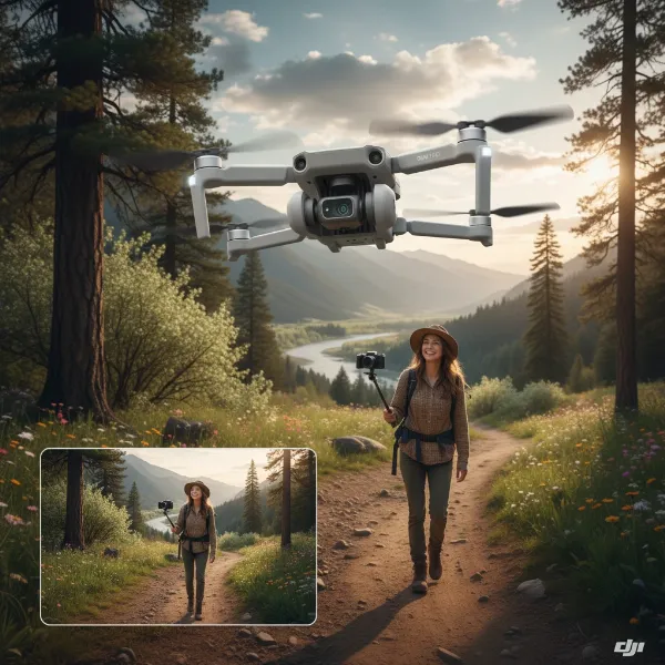 DJI Mini 4 Pro flying above a vlogger, capturing cinematic footage with a bright, natural color palette.