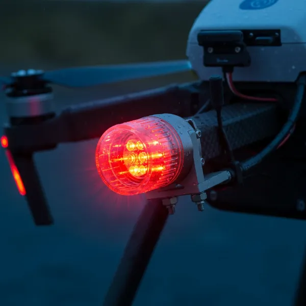 close up view of bright anti collision lights on a commercial drone