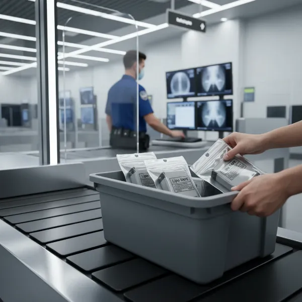 Drone batteries in clear bags going through airport security checkpoint with TSA officer