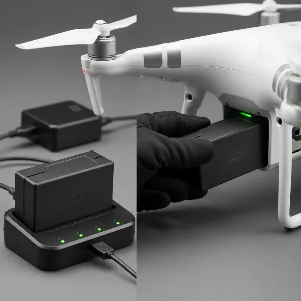 A drone battery being charged or correctly inserted into a drone's compartment.