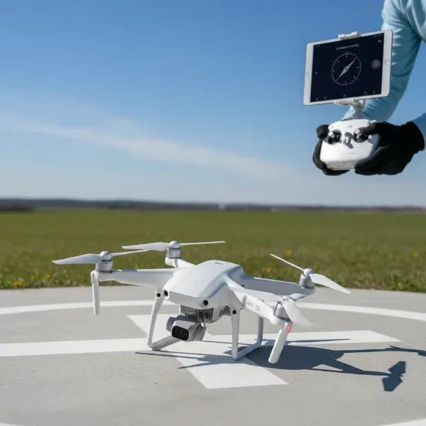 A drone being calibrated outdoors, with a remote controller showing the app interface and a clear, level surface. The scene should convey precision and focus.