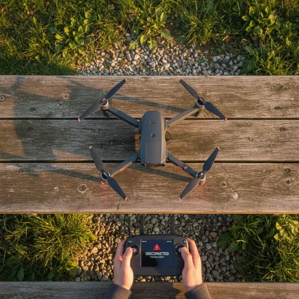 A drone remote controller and a drone, visually suggesting a connection problem or pairing failure.