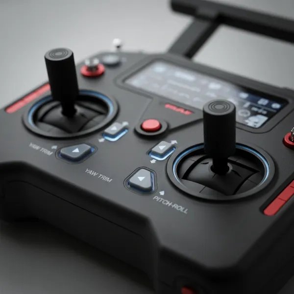 Close-up of a drone remote controller with specific trim buttons highlighted, symbolizing manual adjustments and control.