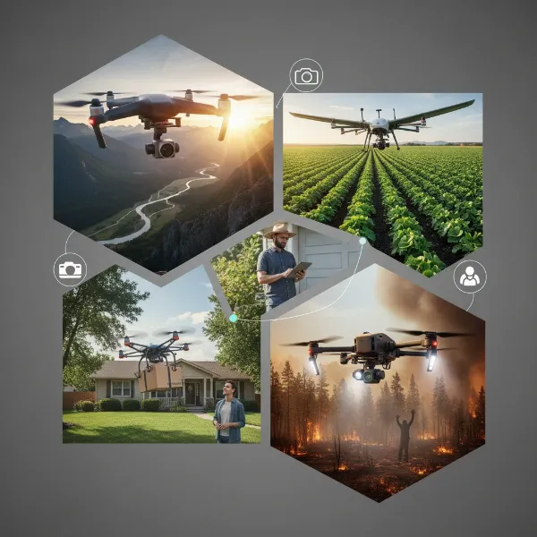 Collage of drones performing various daily tasks: photography, delivery, agriculture, and rescue.