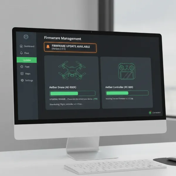 A screen displaying a drone firmware update in progress or a notification for an available update.