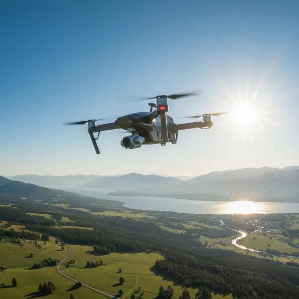 A drone successfully flying high in an open, clear sky, capturing a beautiful aerial perspective.