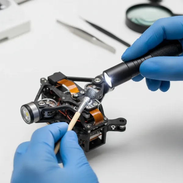 A close-up image of a drone gimbal with a person inspecting it for debris with a flashlight and a soft brush, focusing on the delicate moving parts in a clean, well-lit environment, showcasing precision and care.