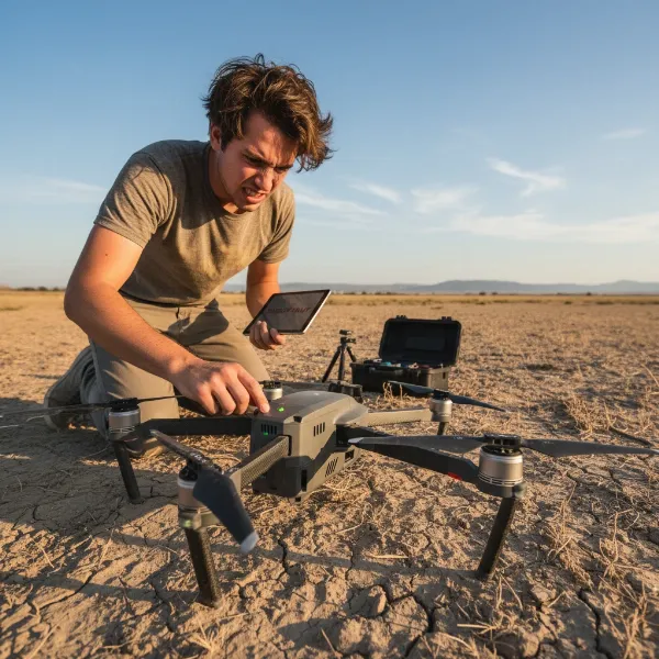 A frustrated drone pilot looking at a grounded drone, showing the common problem of takeoff failure.