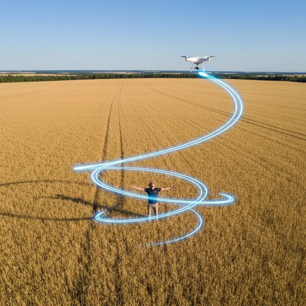 A drone performing a Helix QuickShot around a subject, illustrating the upward spiraling motion.