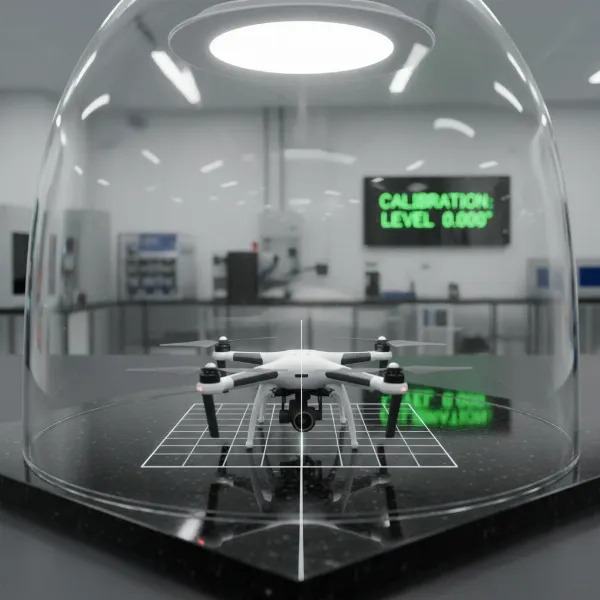 A drone placed on a perfectly flat surface, ready for IMU or accelerometer calibration, symbolizing software fixes.