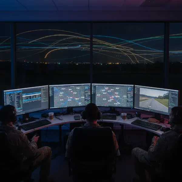 Ground control station overseeing a drone light show with multiple screens displaying drone positions and flight data.
