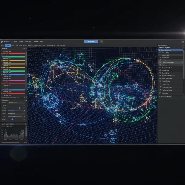 Drone light show design software illustrating flight paths and 3D animation for synchronized drone movements.