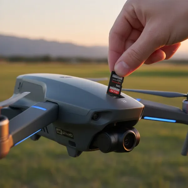 Hand inserting a microSD card into a drone, illustrating the process of choosing and using the right card.