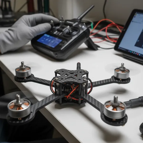 A drone undergoing a motor test with propellers removed, for safety and inspection purposes.