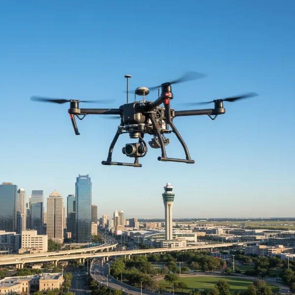 A drone flying safely within controlled airspace, depicting operational rules and limitations for commercial drone pilots.