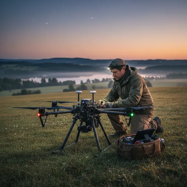 drone pilot conducting pre flight safety check at night