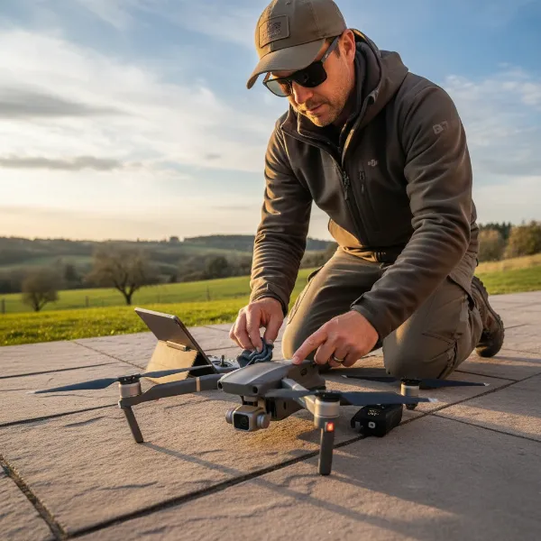 A drone pilot performing a pre-flight check on their drone, inspecting the propellers, battery, and especially the gimbal for any issues, on a flat surface outdoors, emphasizing safety and preparedness.