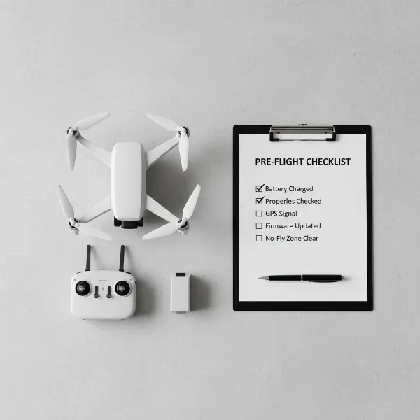 A detailed pre-flight checklist for a drone, emphasizing routine maintenance and safety preparations.
