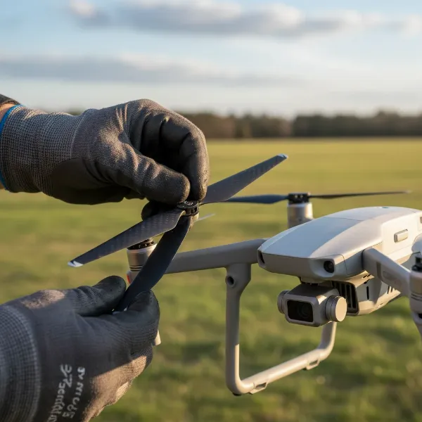 Hands performing a detailed pre-flight inspection on a drone, checking propellers and motors for issues.