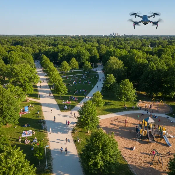 A drone capturing footage in a public park with people walking, emphasizing ethical distance and respecting privacy.