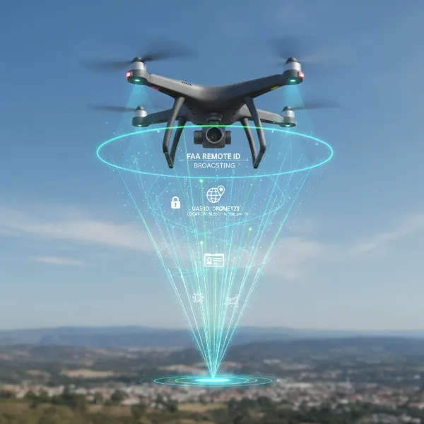 An illustrative image of a drone broadcasting a signal with identification and location data, overlaid with digital elements indicating Remote ID information.