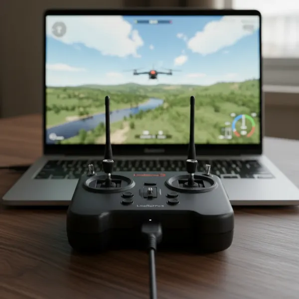 A LiteRadio 3 controller connected to a computer displaying an FPV flight simulator, showing a drone practicing.