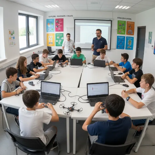 Children and teenagers engaged in a classroom setting learning about drone technology and programming.
