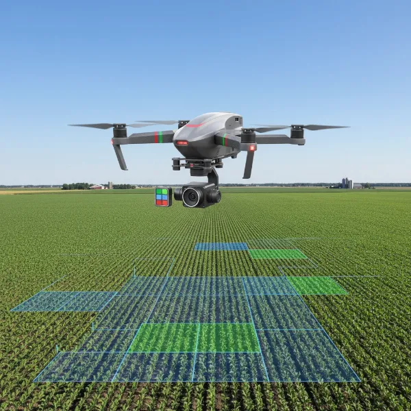 A drone with multispectral sensors flying over a vast agricultural field, conducting a crop health survey with precision farming technology