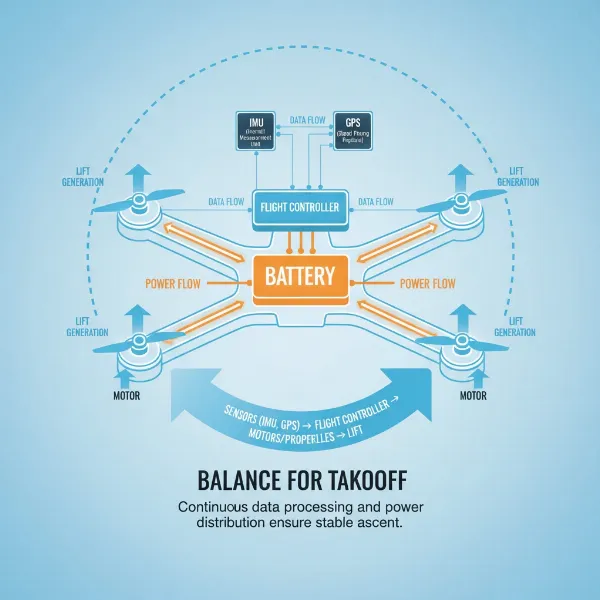 A clear diagram illustrating the key components and mechanics required for a successful drone takeoff.
