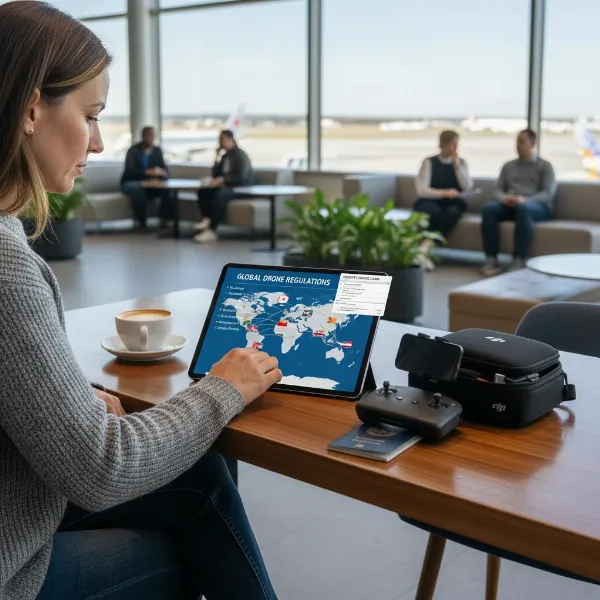 Traveler researching drone laws for international destinations on a tablet with world map and passport