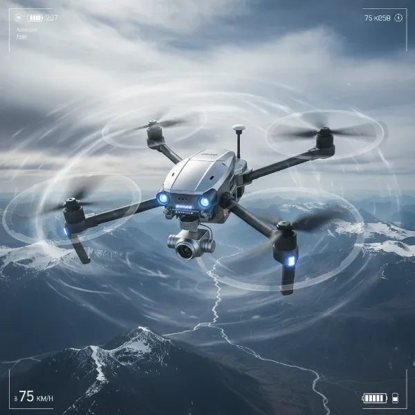 A robust drone maintaining stable flight against strong winds, showcasing its wind resistance capabilities.