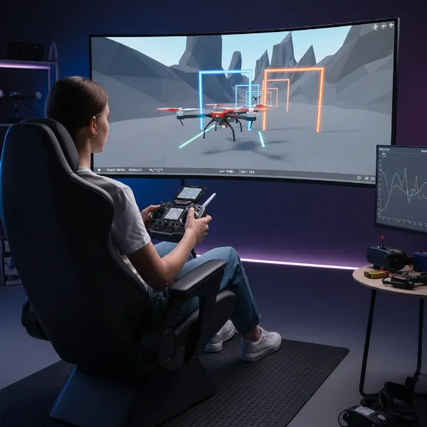 A person actively practicing drone flying on a simulator, demonstrating good posture and focused training.