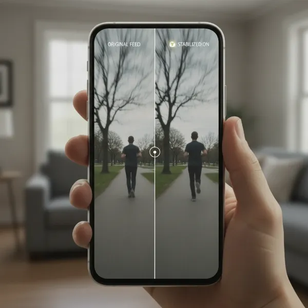 Smartphone screen showing a split-screen comparison of a shaky video and an electronically stabilized (cropped) version