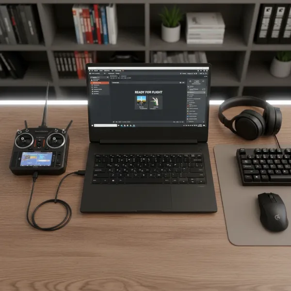 A clear arrangement of essential equipment for drone simulation: PC, radio transmitter, and USB cable.