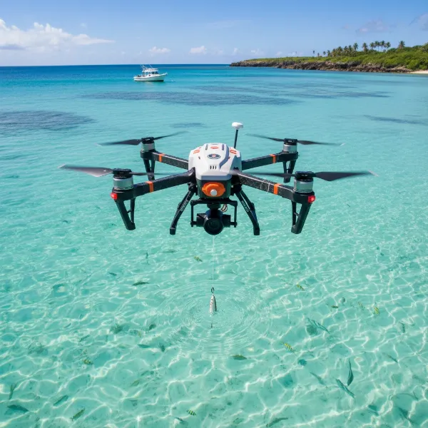 A fishing drone releasing bait over calm water with a fishing line attached.
