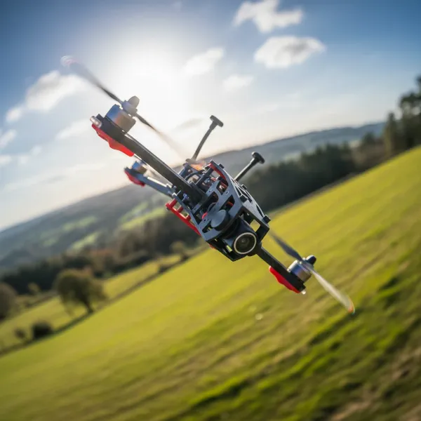 A BetaFPV Cetus X drone performing an acrobatic flip or roll in the sky, viewed through FPV goggles effect.