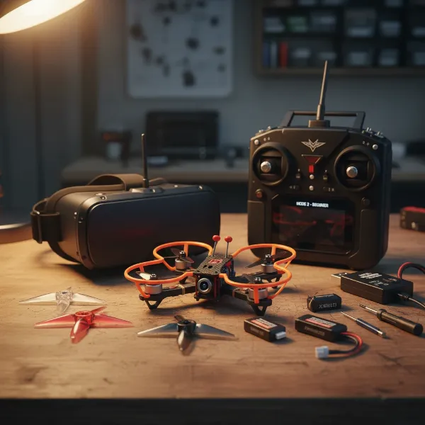 A beginner FPV drone RTF kit laid out, showing the small drone, FPV goggles, and controller on a table.