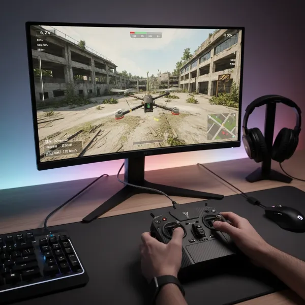 FPV drone simulator on a PC screen with a radio controller connected, showing immersive virtual flight.