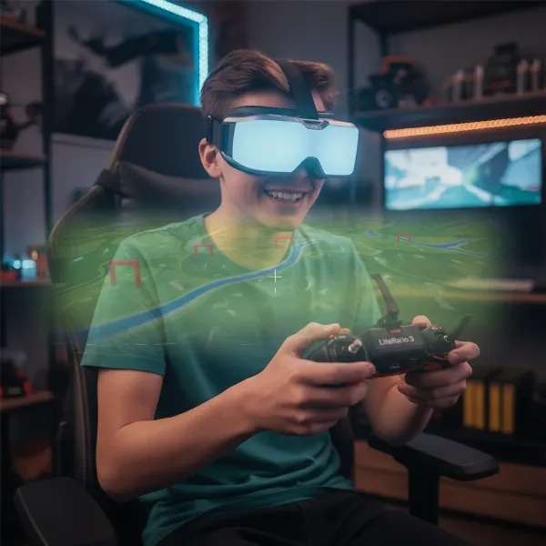 A person wearing FPV goggles and holding a BetaFPV LiteRadio 3 controller, smiling, with a drone-like view in the background.