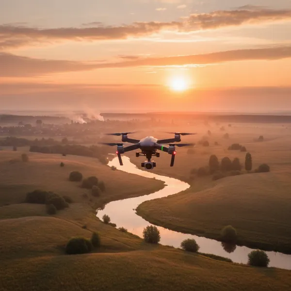 A drone capturing a warm, golden-hour landscape with long shadows and soft, diffused light.