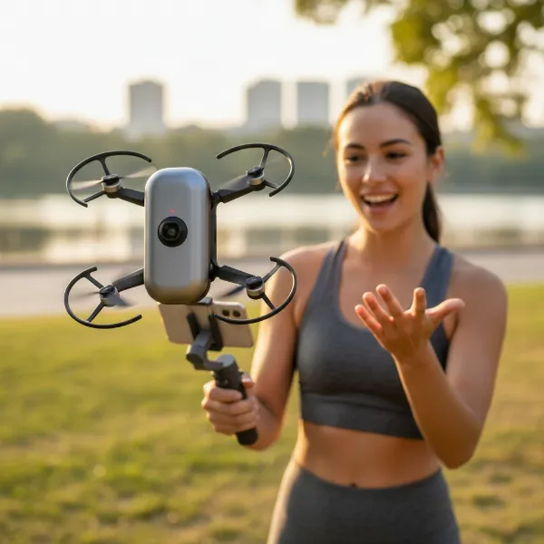 A HoverAir X1 Pro drone hovering close to a vlogger, capturing a natural, spontaneous selfie video in an outdoor setting.