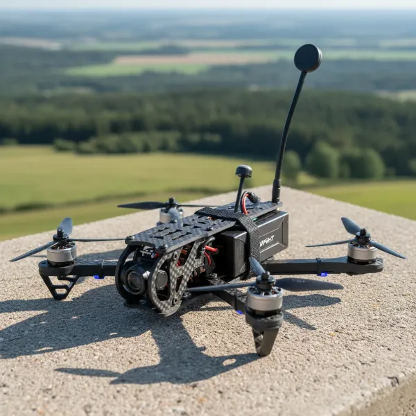 iflight nazgul5 fpv drone on launchpad ready for flight, carbon fiber frame