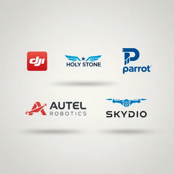 Collection of logos from top drone manufacturers like DJI, Holy Stone, Parrot, Autel, and Skydio.